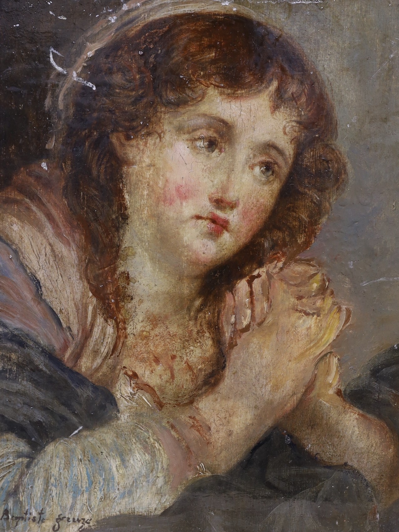 After Jean Baptiste Greuze, oil on wooden panel, Portrait of a young woman, bears signature, 22 x 17cm, unframed